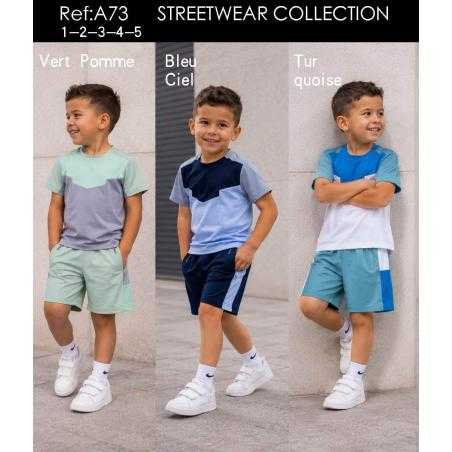 Ensemble garçon streetwear color block avec t-shirt et short assorti en plusieurs coloris.