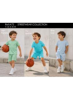 Ensemble garçon avec t-shirt uni et short assorti en vert pomme, turquoise et bleu ciel.