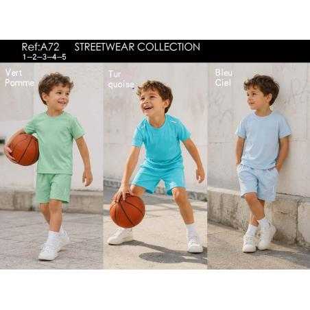 Ensemble garçon avec t-shirt uni et short assorti en vert pomme, turquoise et bleu ciel.