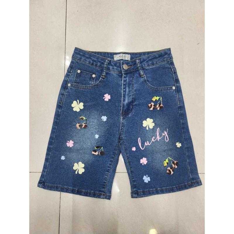 Set van 6 – Girl denim bermuda met kersen- en klaverprint