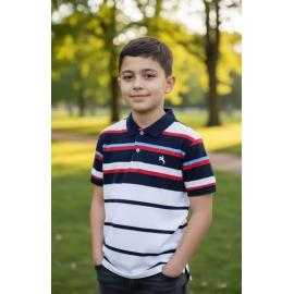 Boys polo shirt with navy, white and red stripes and short sleeves. Boys polo shirt with navy, white and red stripes and short sleeves.