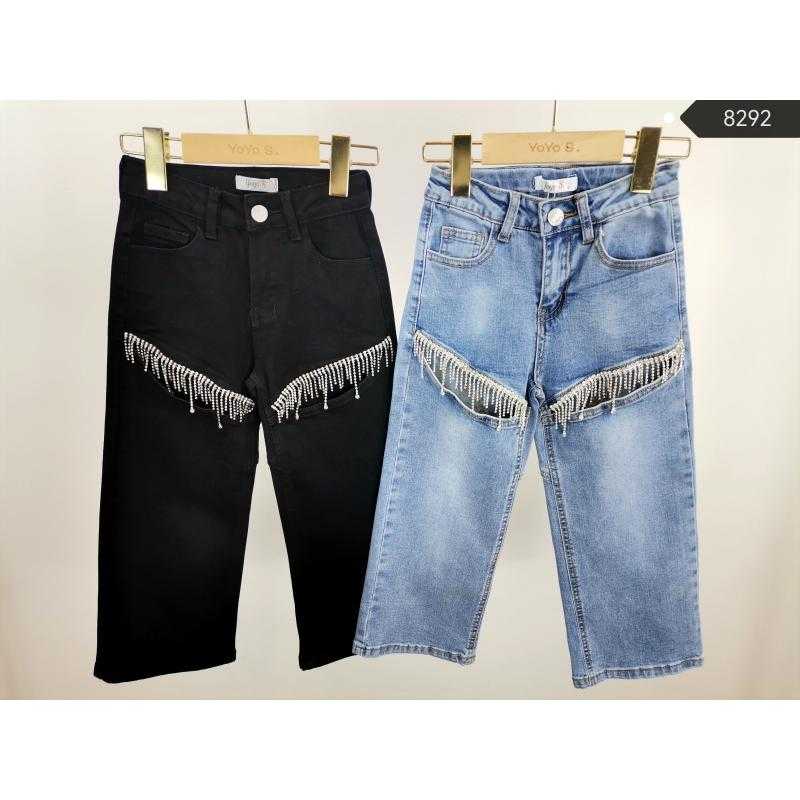 Set van 6 – Lange zwarte denim broek voor meisjes met uitsneden en glanzende strass-franjes