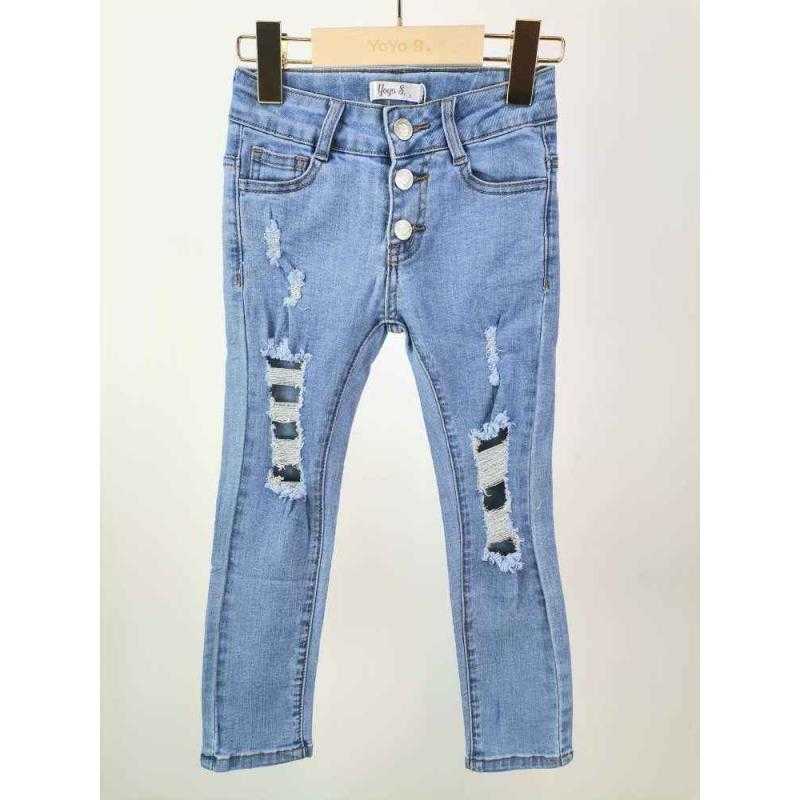 Pack of 6 – Girls' Skinny Stretch Denim Pants Featuring Distressed Cutouts and Exposed Button Fly