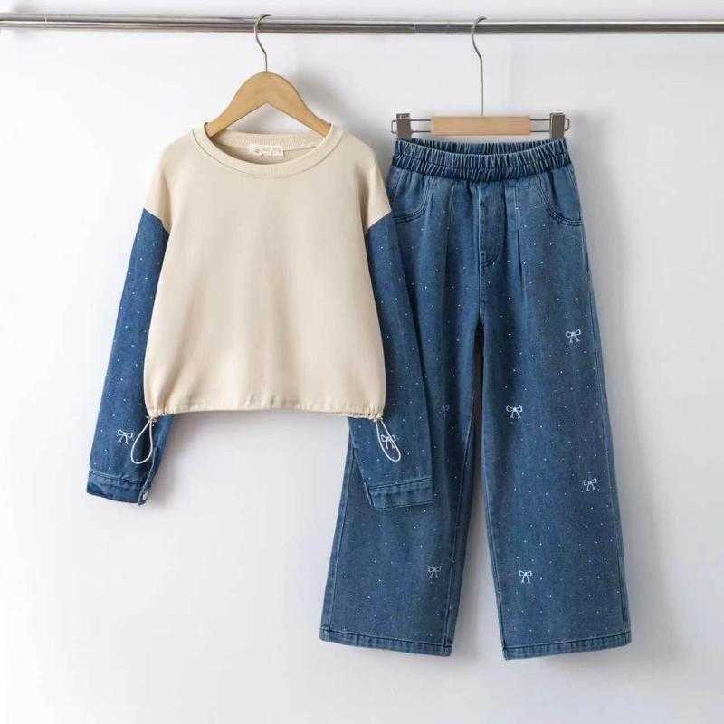 Pack of 6 – Girls' 2-Piece Coordinated Set Featuring Color-Block Drawstring Sweatshirt and Embellished Wide-Leg Jeans