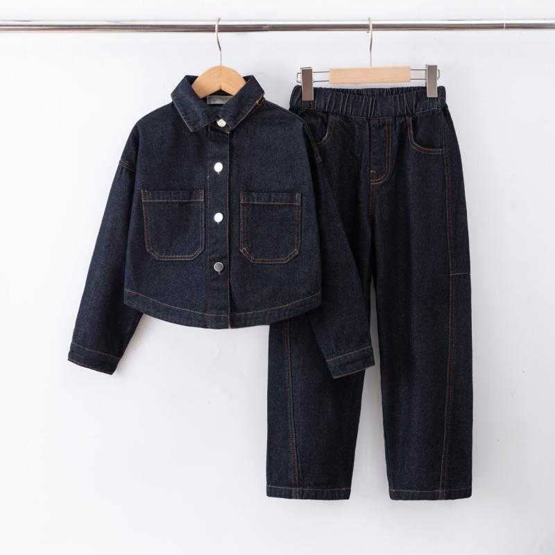 Pack of 6 – Girls' 2-Piece Coordinated Denim Set Featuring Oversized Button-Down Shacket and Matching Straight-Leg Jeans