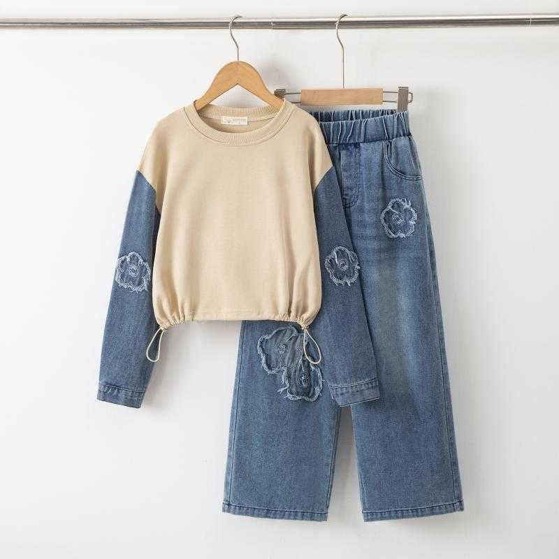Set van 6 – Tweedelige set voor meisjes met tweekleurige sweater en patchwork jeans