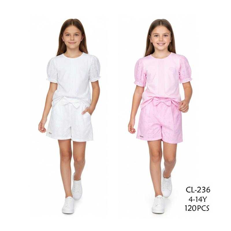 Lot de 12 – Ensemble fille t-shirt manches bouffantes et short à nœud