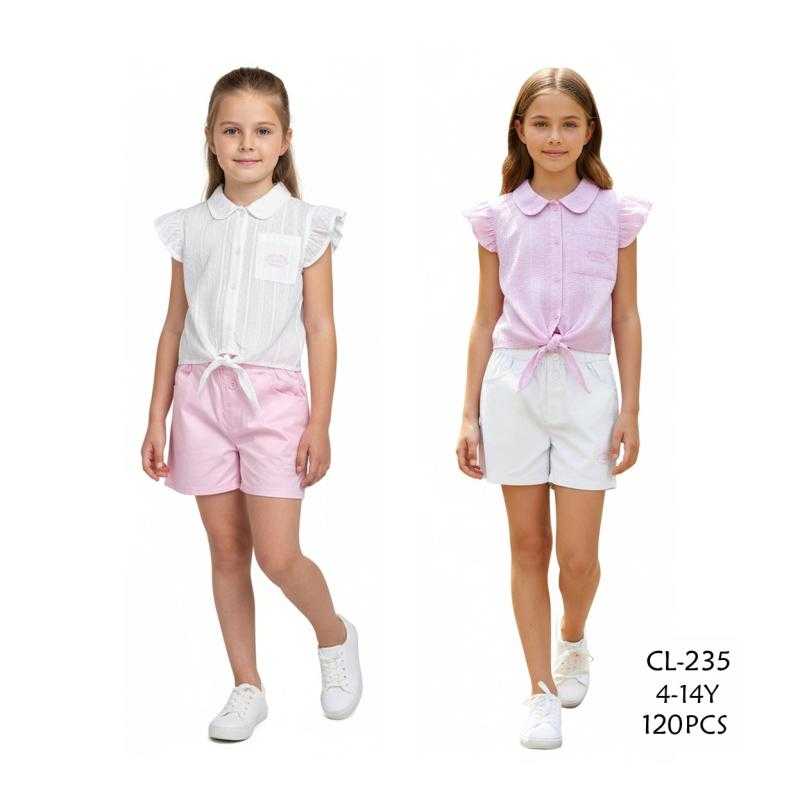 Pack of 12 – Girl's outfit blouse with claudine collar ruffles sleeves and tied shorts