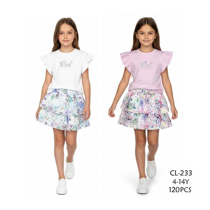 Set van 12 – Meisjesensemble t-shirt met volantmouwen en bloemenprint skort Cxl