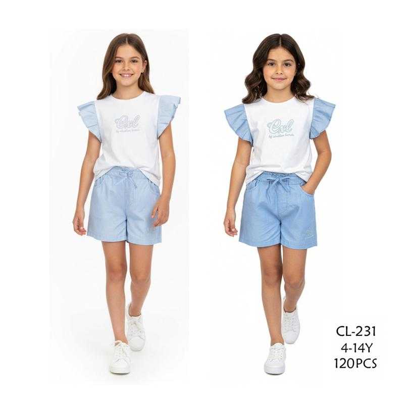 Set van 12 – Meisjesensemble t-shirt met volantmouwen en geknoopte short Cxl