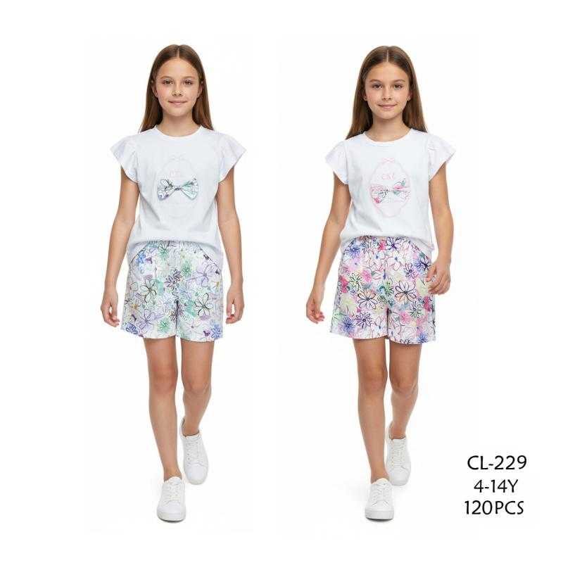 Set van 12 – Meisjesensemble t-shirt met volantmouwen en bloemenprint short CXL met strik