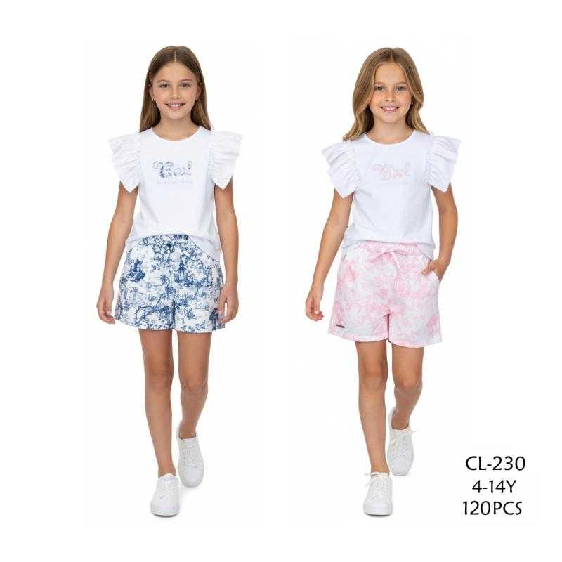 Lot de 12 – Ensemble fille t-shirt manches volants et short imprimé toile de Jouy Cxl
