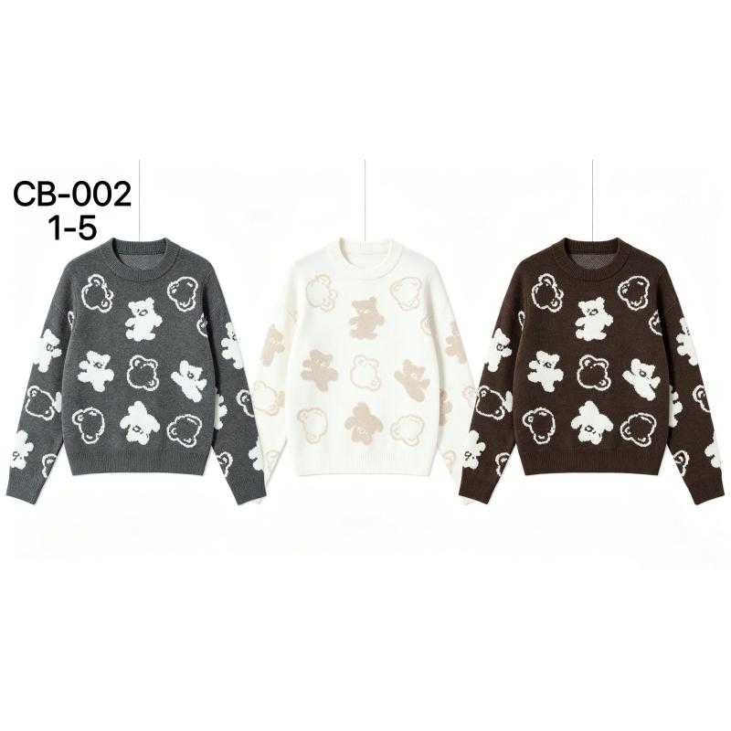 Pack of 15 – Stylish Girl's bear pattern knit sweater with crew neck