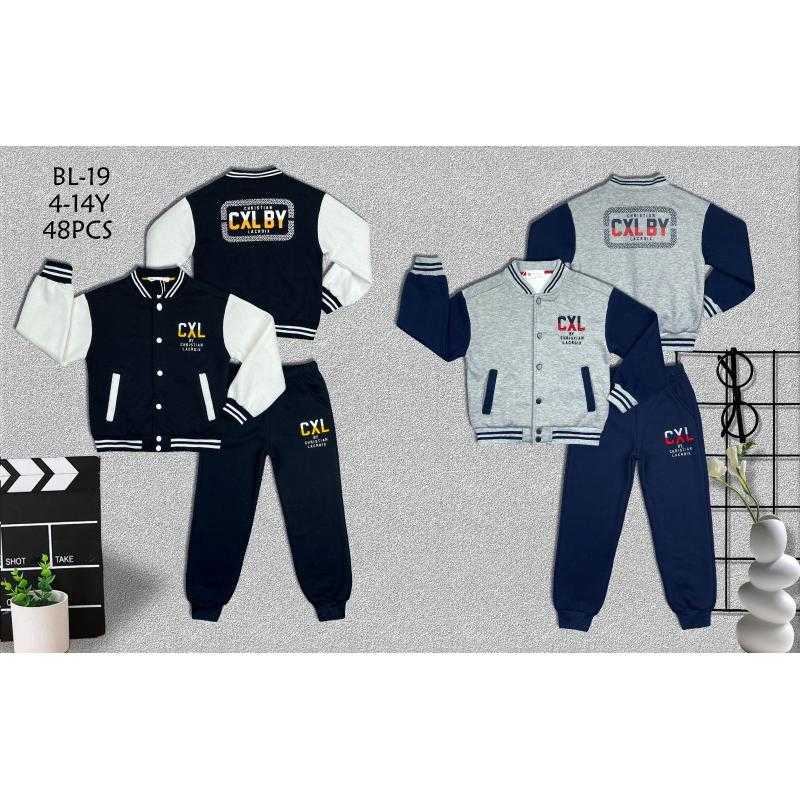 Lot de 12 – Ensemble veste teddy bicolore style collégien avec inscription CXL et pantalon de survêtement assorti pour garçon