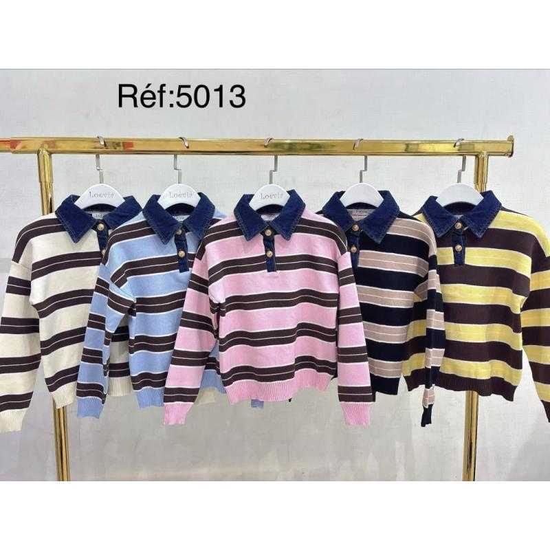 Lot de 6 – Pull rayé avec col chemise en jean et boutons dorés