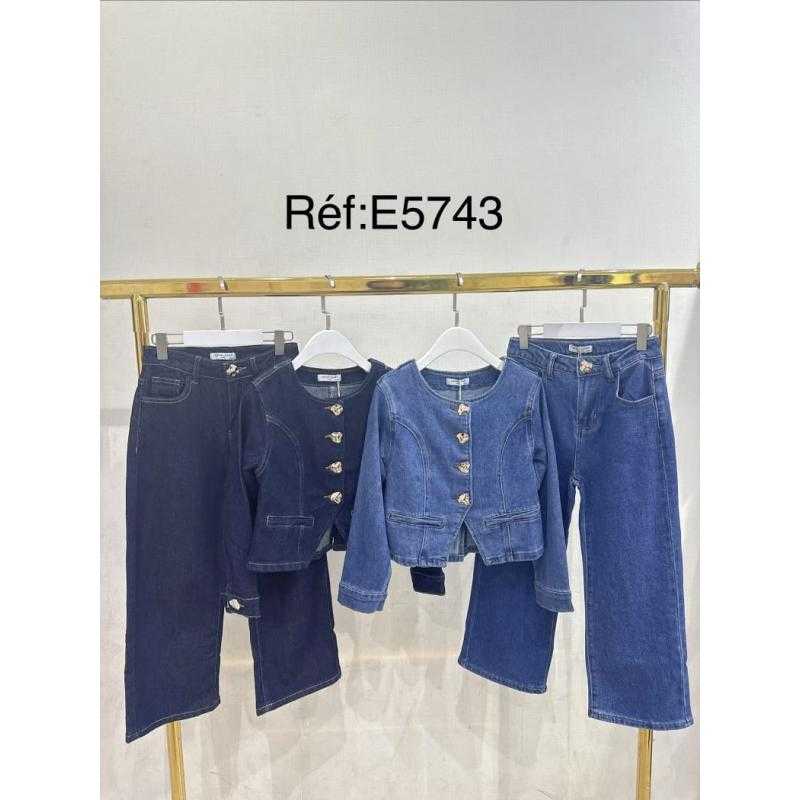 Lot de 7 – Ensemble en denim avec veste courte boutonnée et pantalon large