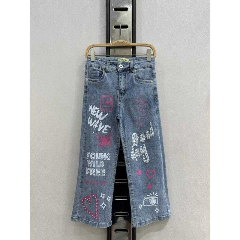 Set van 5 – rechte jeans met "New Wave" en "Young Wild Free" prints voor meisjes
