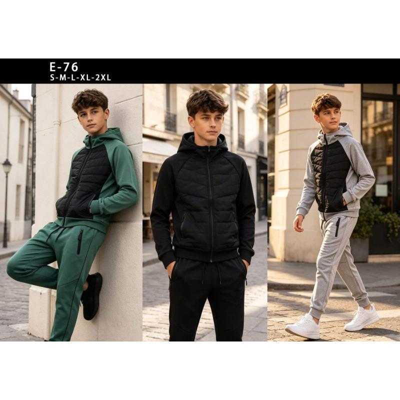 Lot de 15 – Ensemble de survêtement zippé bicolore à capuche et empiècement matelassé pour homme