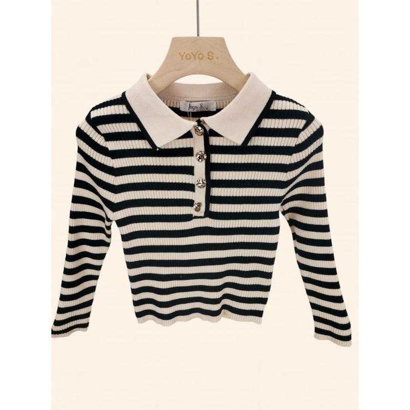 Lot de 6 – Pull côtelé rayé pour enfant à col polo, boutons dorés et manches longues