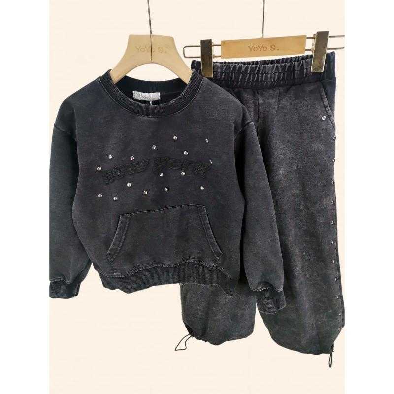 Pack of 6 – Children's 2-piece tracksuit set with kangaroo pocket sweatshirt and studded pants