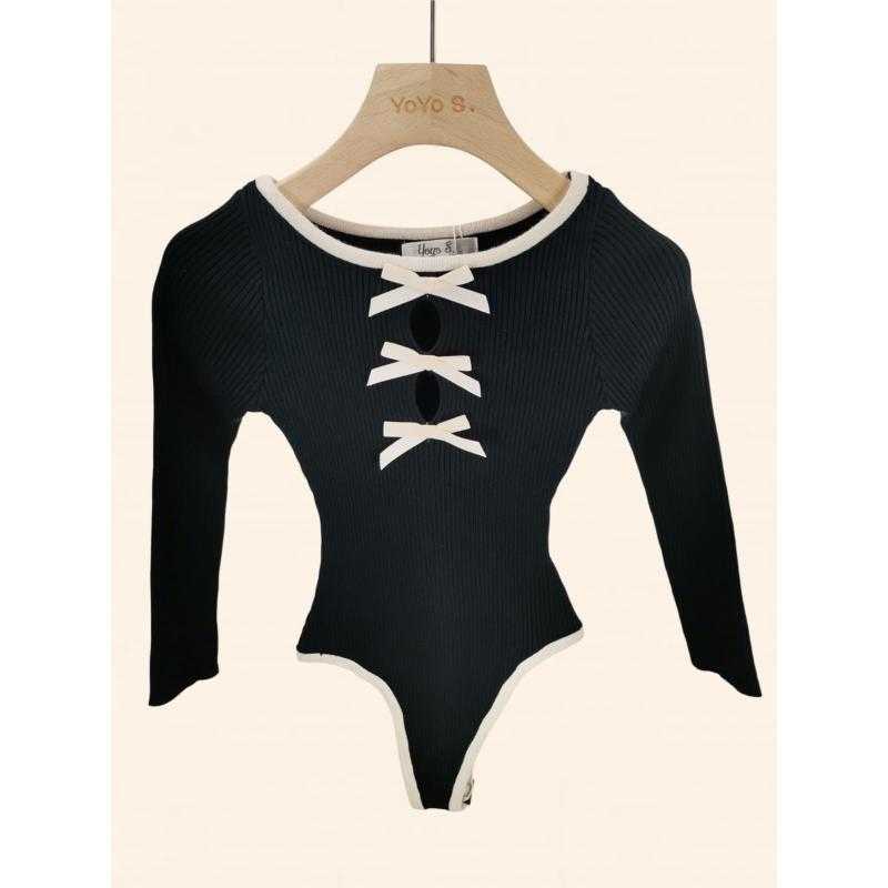Pack of 6 – Children's ribbed bodysuit with long sleeves, cut-out detail and bows