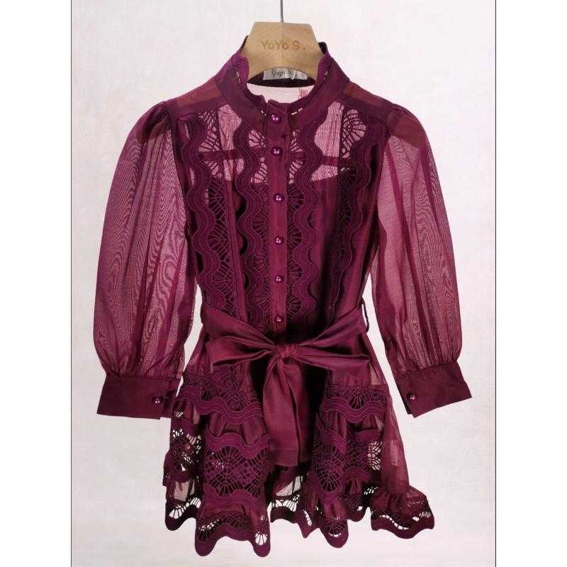 Lot de 6 – Robe chemise élégante en dentelle pour fille à manches longues, col montant et ceinture à nouer