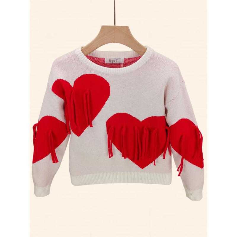 Lot de 6 – Pull tricoté pour enfant avec motifs de cœurs et détails à franges