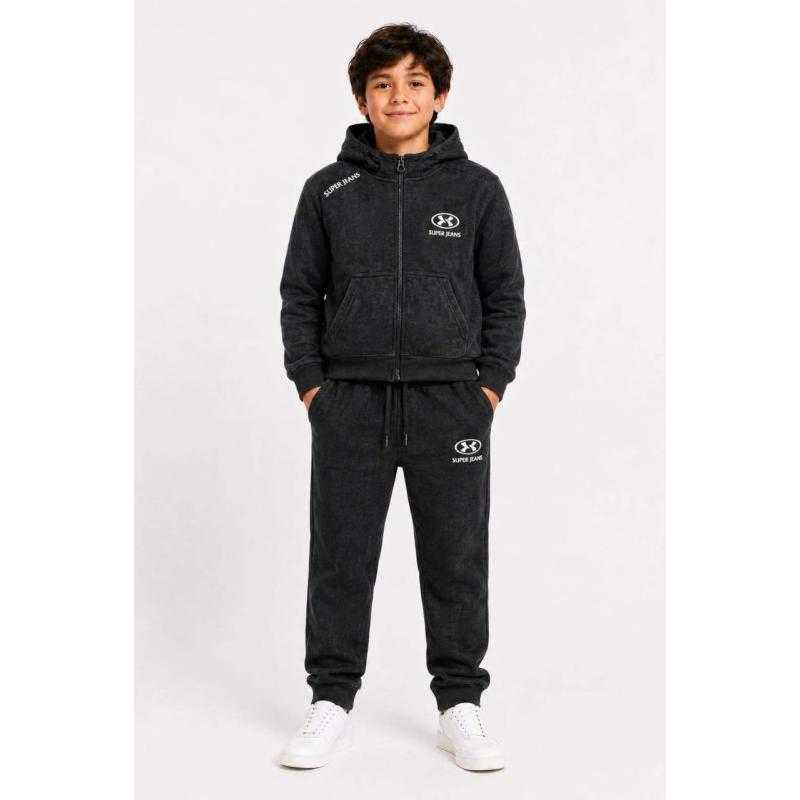 Lot de 12 – Ensemble de survêtement molletonné pour garçon avec sweat zippé à capuche et logo "Super Jeans"