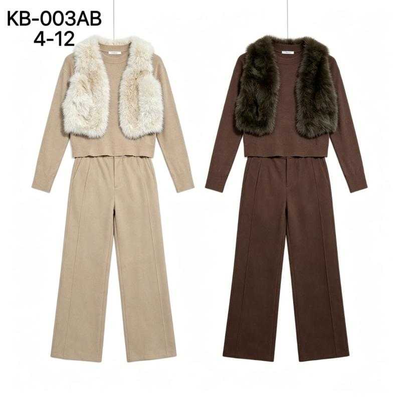 Lot de 15 – Ensemble 3 pièces pour fille avec pull, pantalon ample et gilet en fausse fourrure
