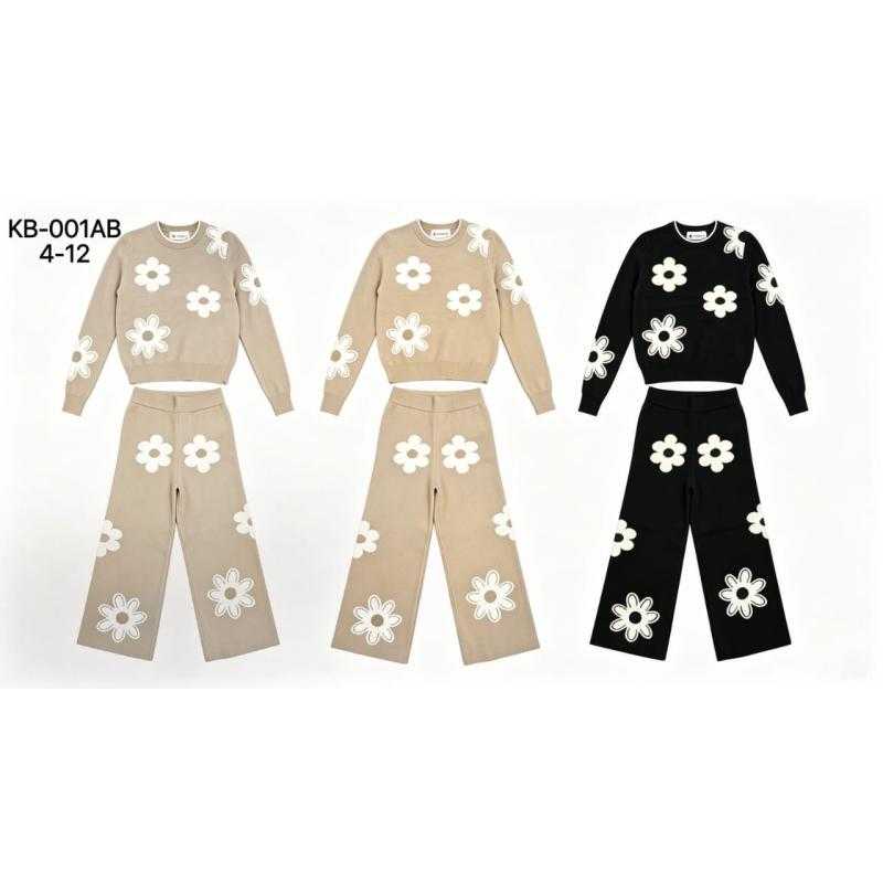 Lot de 15 – Ensemble tricoté pour fille à motif de fleurs, pull à col rond et pantalon large