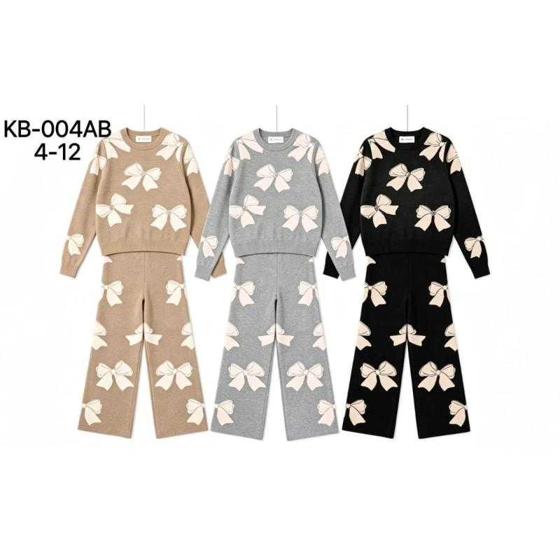 Lot de 15 – Ensemble tricoté pour fille à motif de grands nœuds, pull à col rond et pantalon large