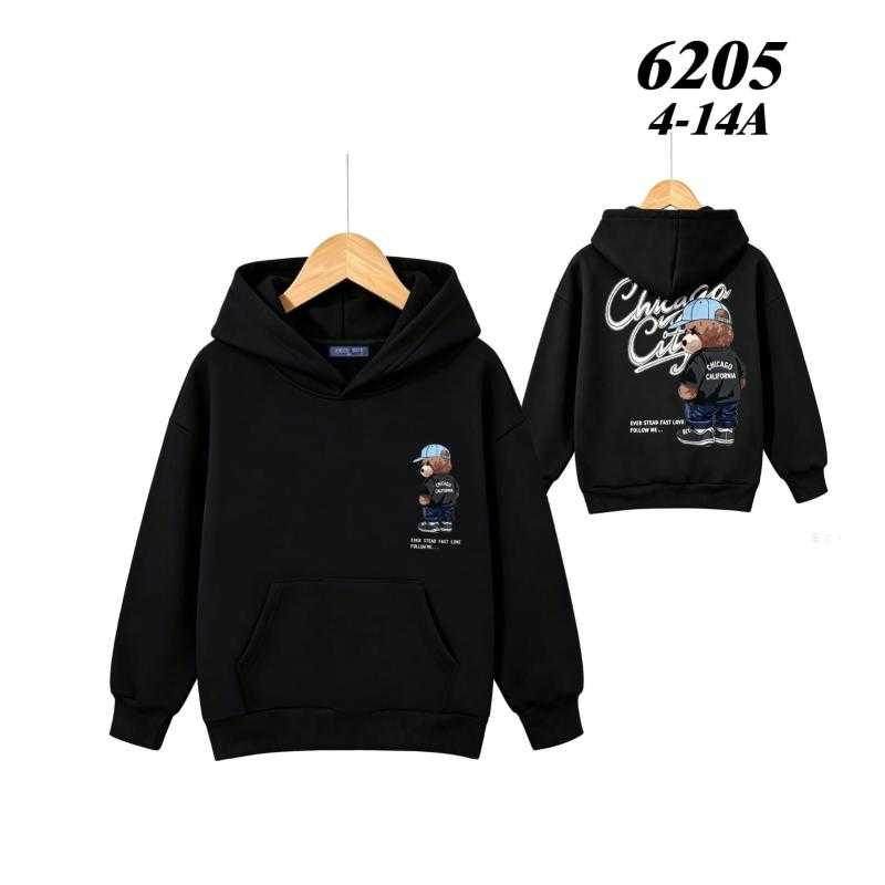Pack of 6 – Kids' "Chicago City" Bear Graphic Hoodie with Kangaroo Pocket in Cotton Blend