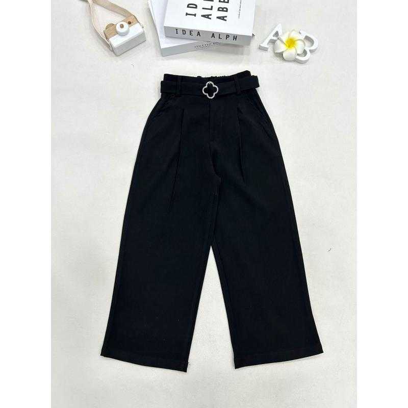 Pack of 6 – Girls' Beige Wide-Leg Pants with Stylish Belt and Rhinestone Buckle