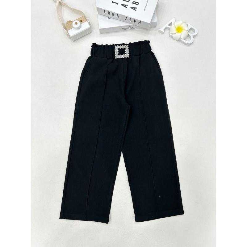 Pack of 6 – Girls' Brown Wide-Leg Pants with High Smocked Waist and Rhinestone Buckle