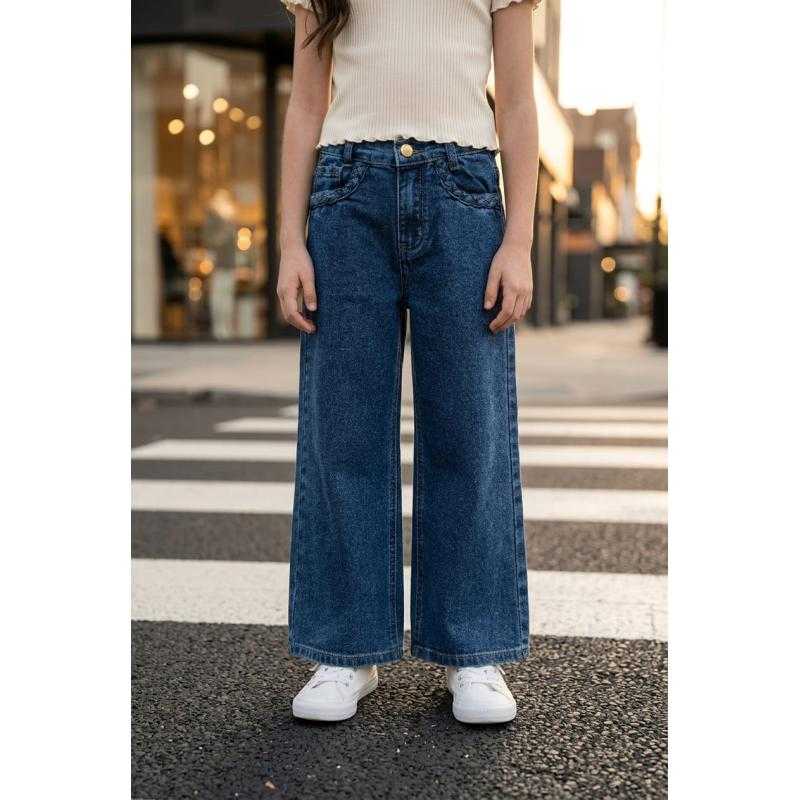 Pack of 6 – Kids' Blue Denim Wide-Leg Jeans with Braided Pocket Details