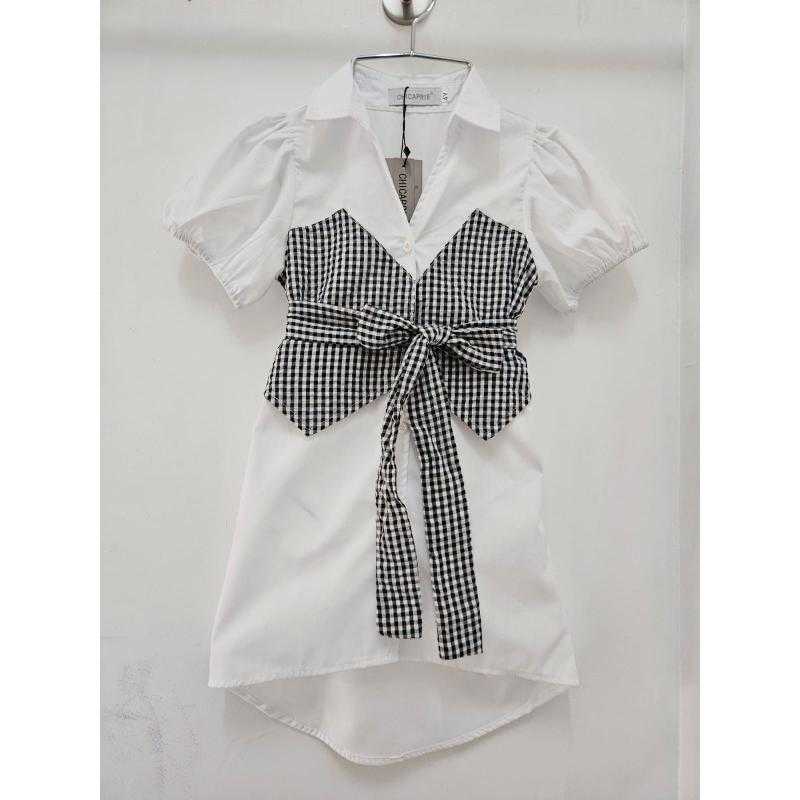 Set van 7 – Meisjes elegante witte en geruite korset-stijl blouse met strik