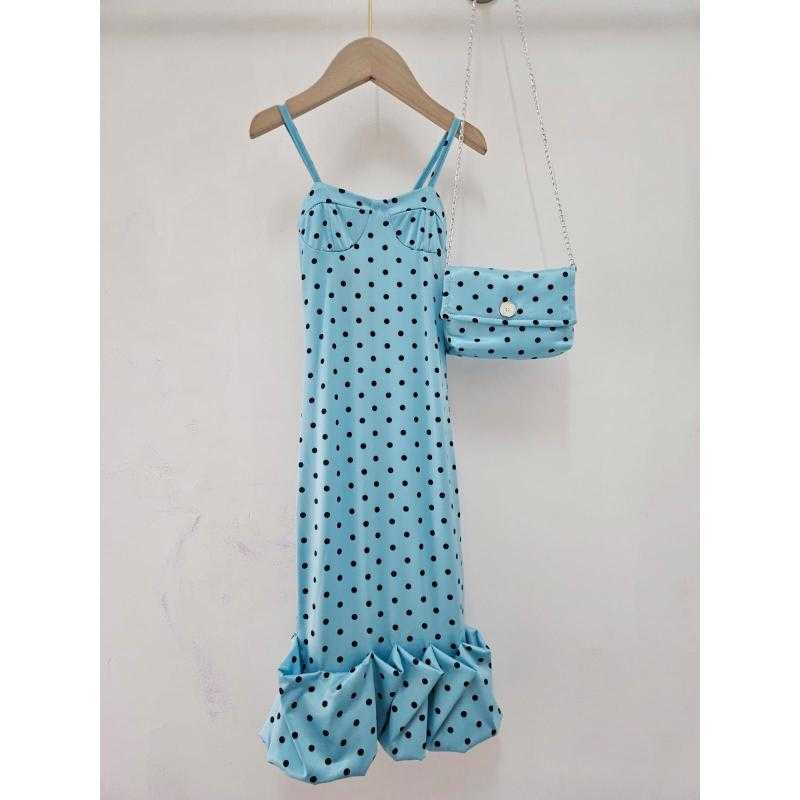 Set van 7 – Meisjes lange polkadot jurk met spaghettibandjes en bijpassende handtas