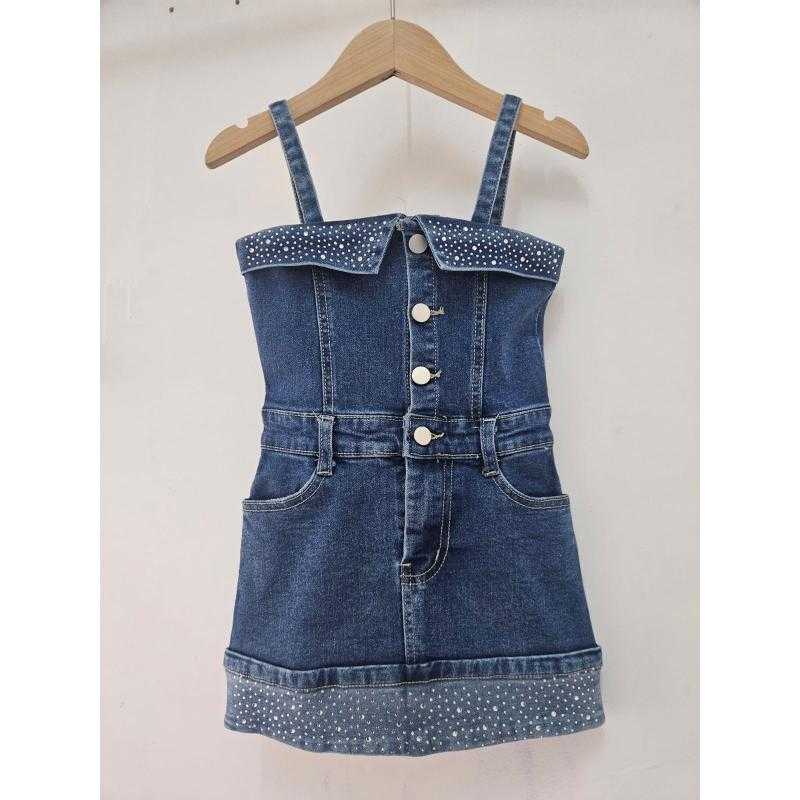Set van 5 – Meisjes denim spijkerjurk met knopen en parelversiering