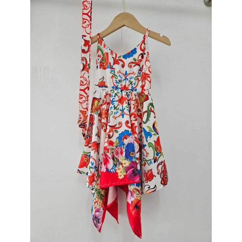 Lot de 7 – Robe midi asymétrique à bretelles et imprimé baroque floral pour fille