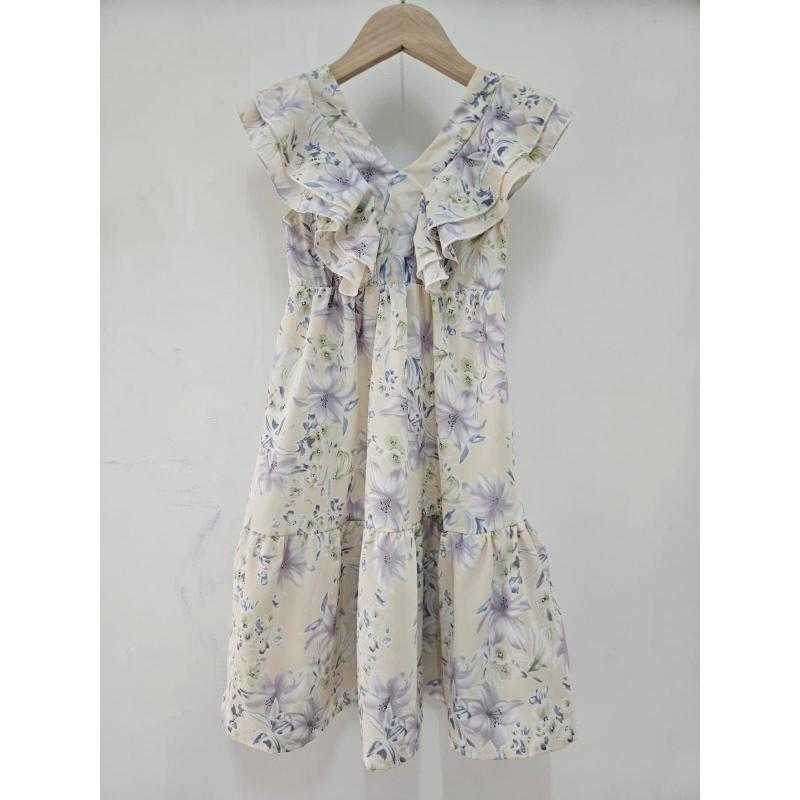 Set van 6 – Meisjes midi-jurk met mauve bloemenprint en volants