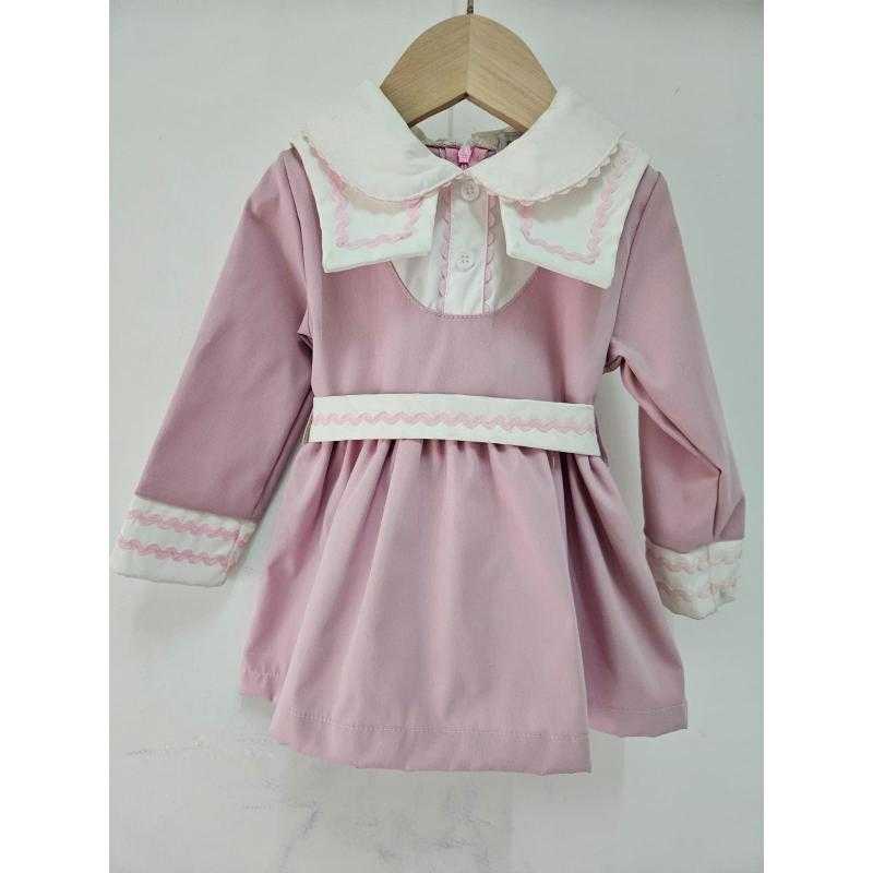 Lot de 6 – Robe à manches longues, col claudine contrasté et bordures ondulées pour fille
