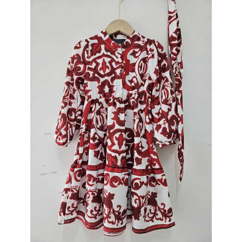 Set van 6 – Meisjes lange mouwen majolica barok print jurk met ceintuur