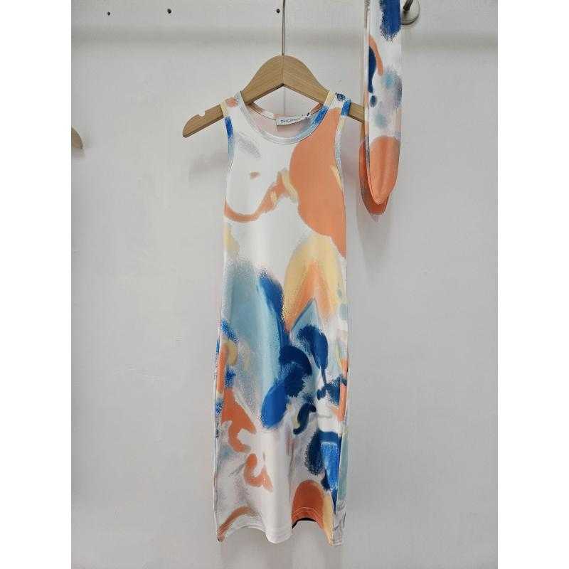 Set van 6 – Meisjes mouwloze nauwsluitende maxi-jurk met abstracte print en haarband