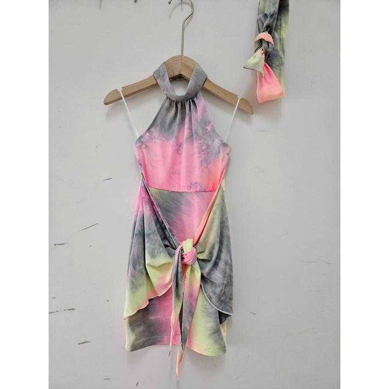 Set van 7 – Meisjes halter tie-dye jurk met strikceintuur en haarband