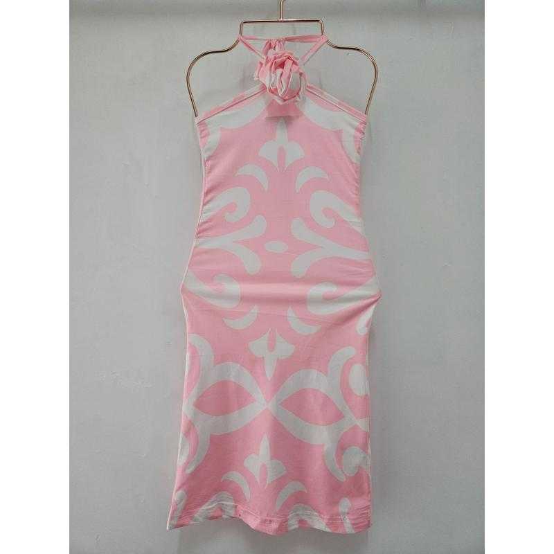 Lot de 6 – Robe longue moulante halter à imprimé damas et fleur de cou pour fille