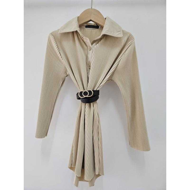 Lot de 6 – Robe chemise plissée à manches longues pour fille avec col rabattu et ceinture élégante