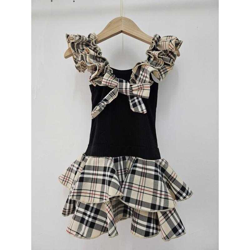 Set van 6 – Meisjes ruitjes print volants skater jurk met strik detail
