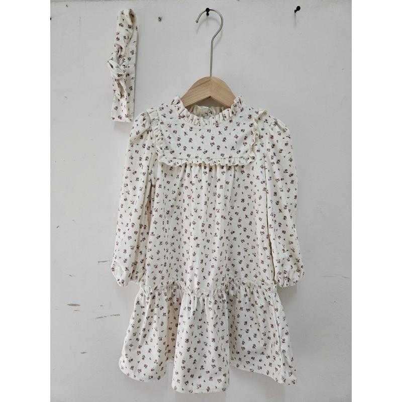 Set van 6 – Meisjes lange mouw bloemenjurk met volants en bijpassende haarband