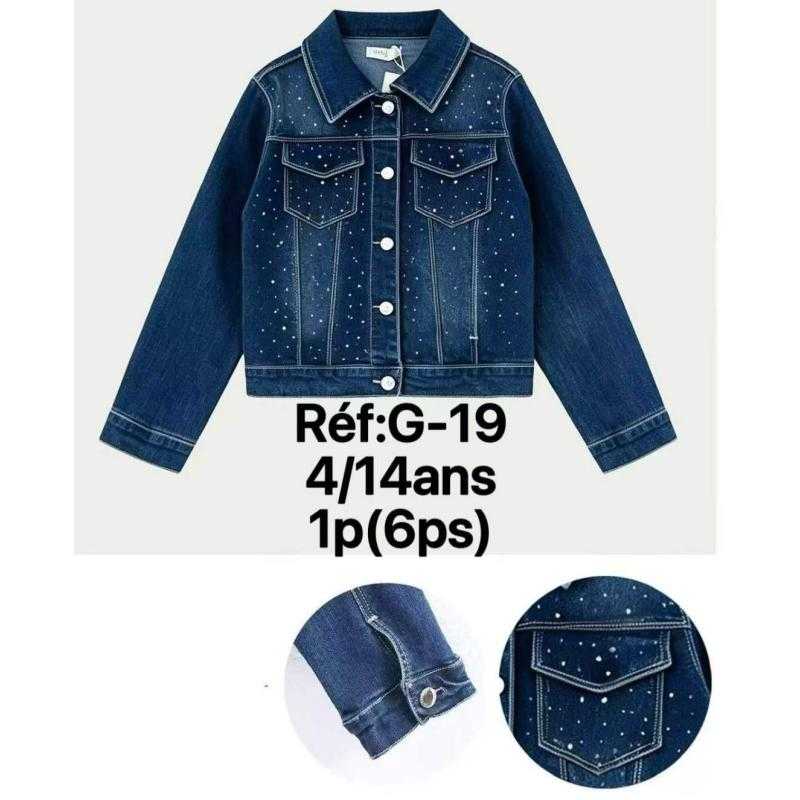 Lot de 6 – Veste en jean denim bleu pour girl's avec strass scintillants, poches à rabat et col chemise