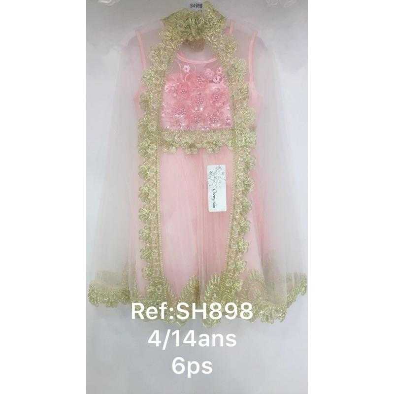 Lot de 6 – Robe de cérémonie en tulle pour girl's avec cape assortie, broderies florales dorées et perles